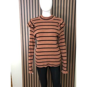 Anthroplogie TLA Women's Long Sleeve Top Ribbed Mock Neck Ruffle Xl Striped